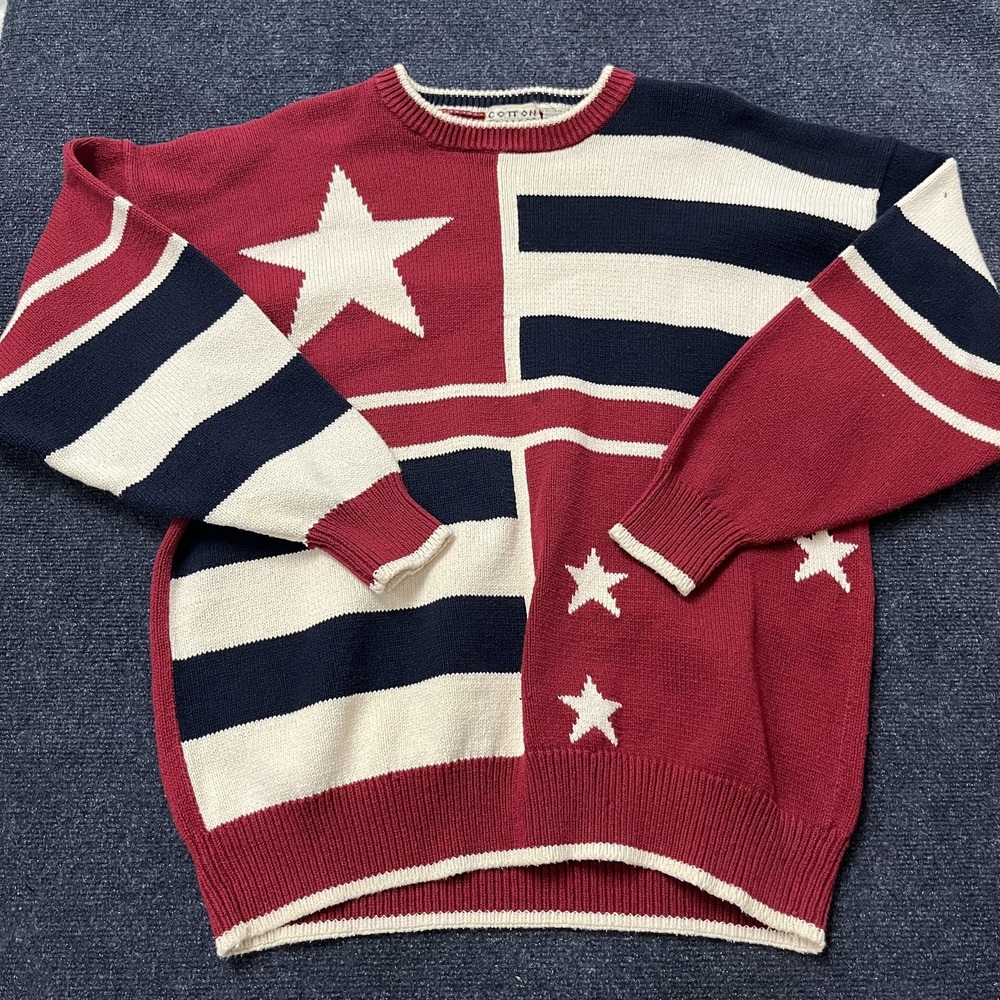 Vintage Cotton Traders Sweater Mens XL Red Flag Stars Stripes‎ 100% Cotton 90s